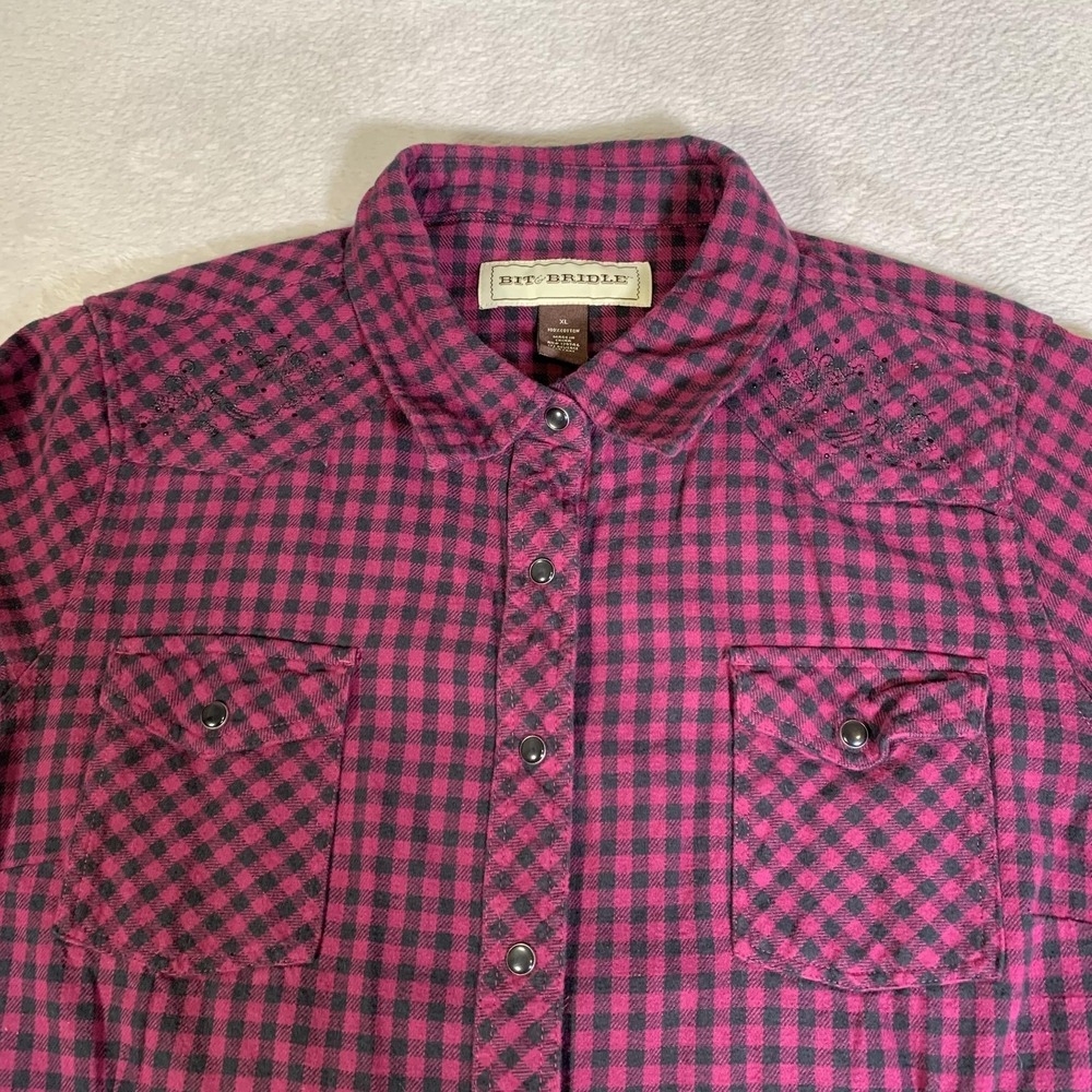 Bit & Bridle Shirt Womens XL Pink Black Plaid Snap Western Flannel Top Casual